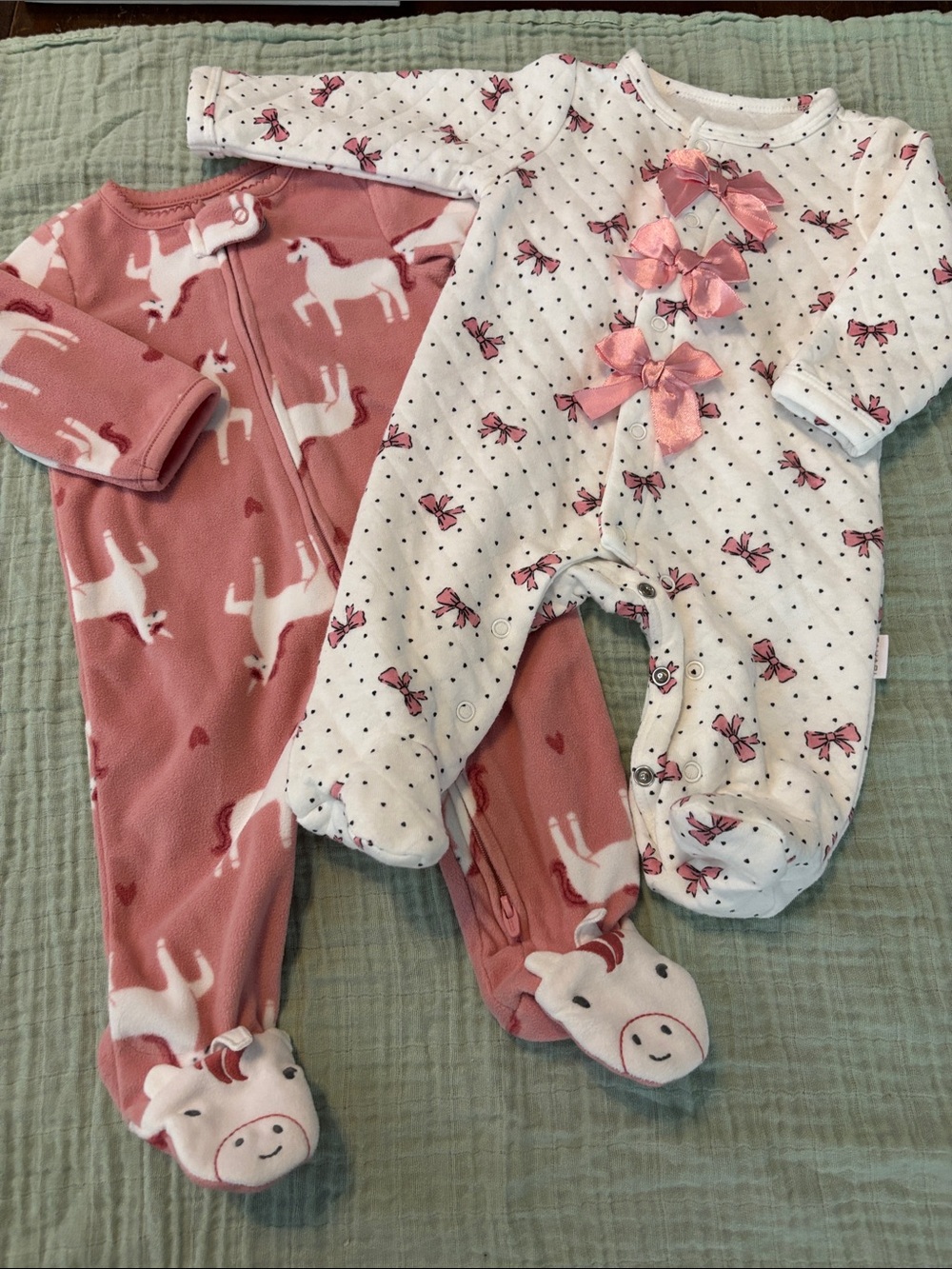 Carter's Pink Unicorn & White Bow Footed One-Pieces